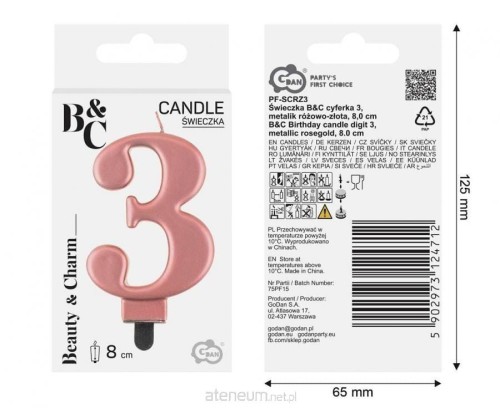 Przejdź do produktu #SC10 wieczka B&C cyferka 3, metalik różowo-złota, 9 cm