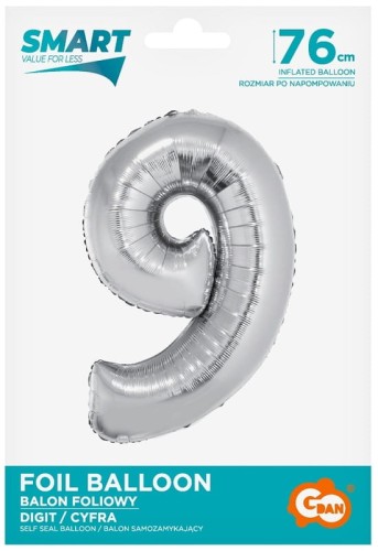Przejdź do produktu Balon foliowy Smart, Cyfra 9, srebrna, 76 cm