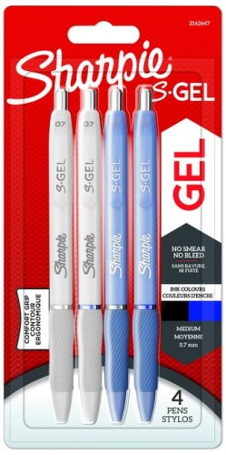 Przejdź do produktu Długopis S-Gel białe i szarobłękinte, wkłady: 2 niebieski i 2 czarne. blister 4 szt., Sharpie
