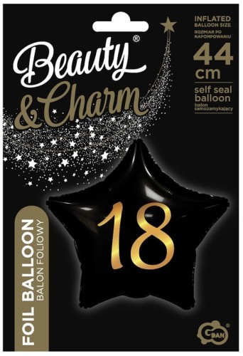 Przejdź do produktu Balon foliowy 18, gwiazda czarna, nadruk złoty 19"