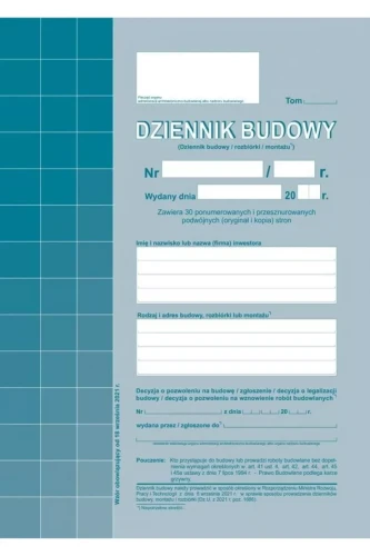 Przejdź do produktu Dziennik budowy A4 30KPL