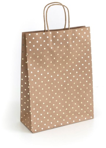 Przejdź do produktu Torebki papierowe 33x10x24cm op.5szt.Kraft złote kropki, Galeria Papieru