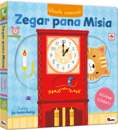 Okladka-3D-ksiazki-z-ruchomymi-elementami-Wesole-zwierzaki.-Zegar-pana-Misia-przedstawiajaca-czerwony-zegar-z-widocznym-ruchomym-elementem.webp