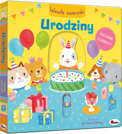 Okladka-3D-ksiazki-z-ruchomymi-elementami-Wesole-zwierzaki.-Urodziny-przedstawiajaca-kroliczka-z-tortem-w-towarzystwie-gosci,-widoczny-ruchomy-element.webp