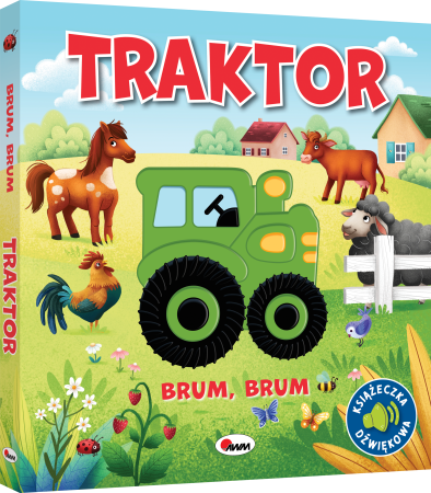Okladka-3D-dzwiekowej-ksiazeczki-Brum,-brum.-Traktor-przedstawiajaca-silikonowy-traktor---panel-dzwiekowy---w-otoczeniu-wiejskich-zwierzatek..webp