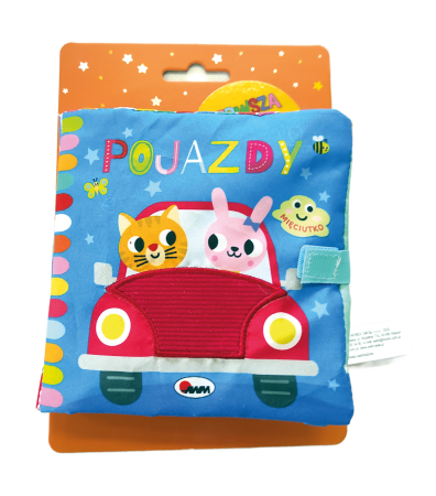 Okladka-ksiazeczki-dla-niemowlat-Mieciutko.-Pojazdy-przedstawiajaca-zwierzatka-w-samochodzie-z-sensoryczna-maska..webp