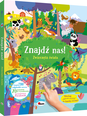 Okladka-3D-interaktywnej-ksiazki-sensorycznej-Znajdz-nas.-Zwierzeta-swiata-ukazujaca-scenke-ze-zwierzetami-z-roznych-srodowisk.webp