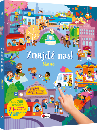 Okladka-3D-interaktywnej-ksiazki-sensorycznej-Znajdz-nas.-Miasto-ukazujaca-scenke-z-miasteczka.webp
