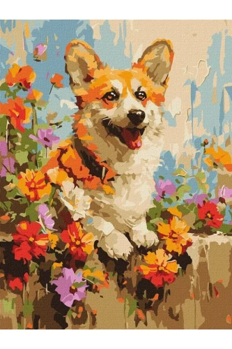 Przejdź do produktu Malowanie po numerach - Corgi w kwiatach 30x40cm
