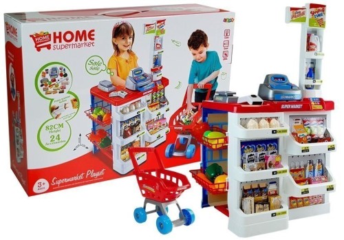 Przejdź do produktu 7526 Zabawkowy Market z Wózkiem Kasa Fiskalna Skaner Artykuły Spożywcze Zakupy - LEAN Toys