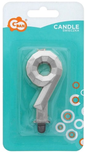 Przejdź do produktu Świeczka cyferka 9 - Diament, metalik srebrny, 7.6 cm, GoDan