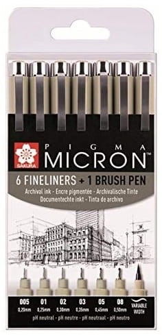 Przejdź do produktu Cienkopisy Pigma Micron + Pigma Brush zestaw 6+1, Sakura