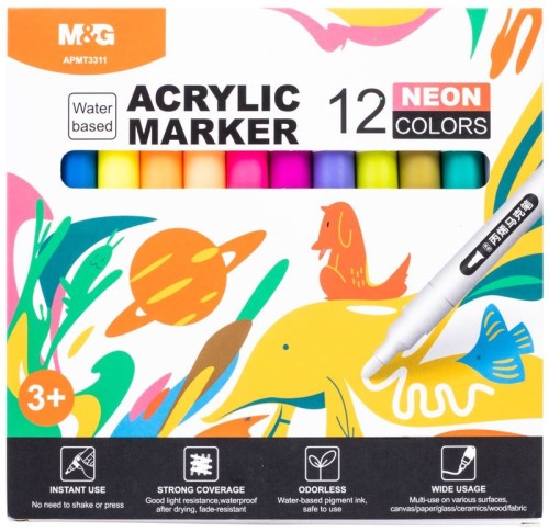 Przejdź do produktu Markery akrylowe 1-2mm, Neonowe, zestaw 12 szt, MG