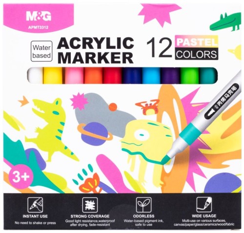 Przejdź do produktu Markery akrylowe 1-2mm, Pastelowe, zestaw 12 szt, MG