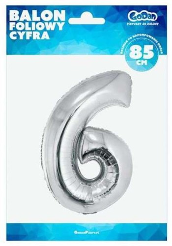Przejdź do produktu Balon foliowy Cyfra 6, srebrna, 85 cm, GoDan