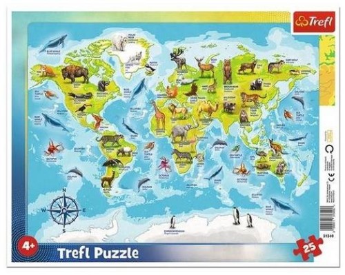 Przejdź do produktu Puzzle 25el ramkowe Mapa świata ze zwierzętami 313