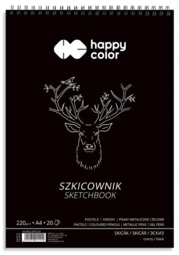 Przejdź do produktu Szkicownik na spirali czarny A4 20ark. 220g, Happy Color