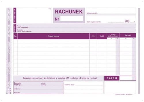 Przejdź do produktu Druk Rachunek zwolniony z VAT A5-poz.O/K MiP