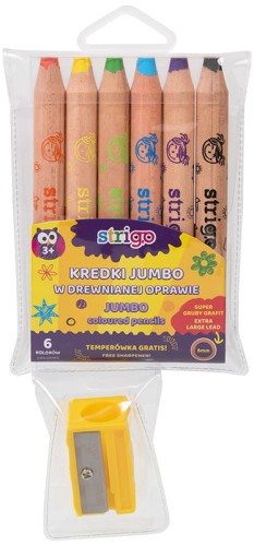 Przejdź do produktu Kredki jumbo w drewnianej oprawie grafit 8 mm 6 szt. + temperówka, Strigo