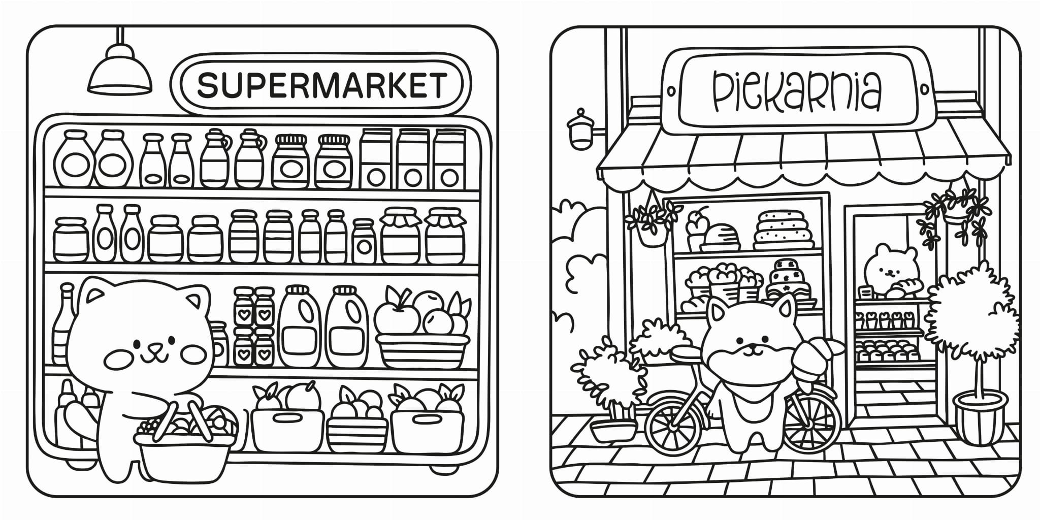Wnetrze-kolorowanki-Cosy-colouring.-W-miescie-przedstawiajace-supermarket-oraz-piekarnie.webp