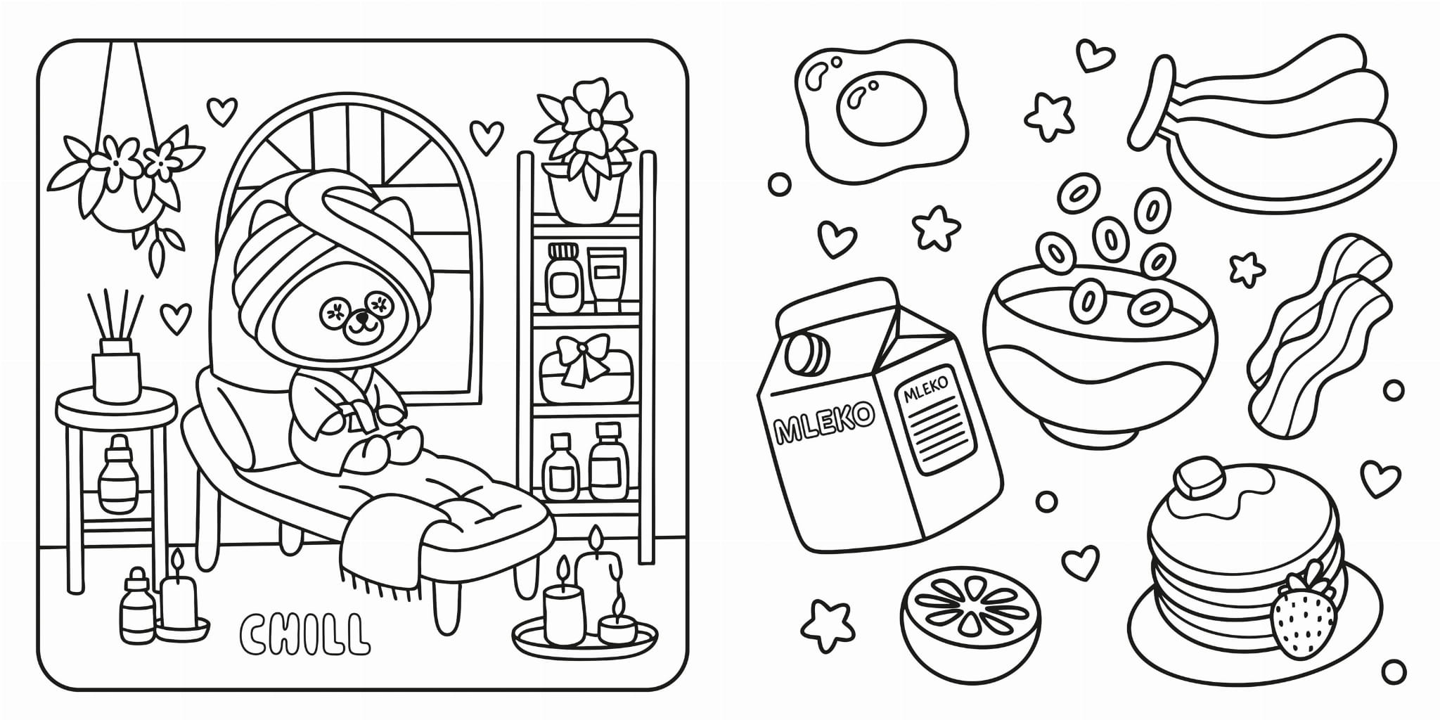 Wnetrze-kolorowanki-Cosy-colouring.-Male-przyjemnosci-przedstawiajace-misia-w-salonie-spa-oraz-rozne-produkty,-ktore-mozna-zjesc-na-sniadanie.webp