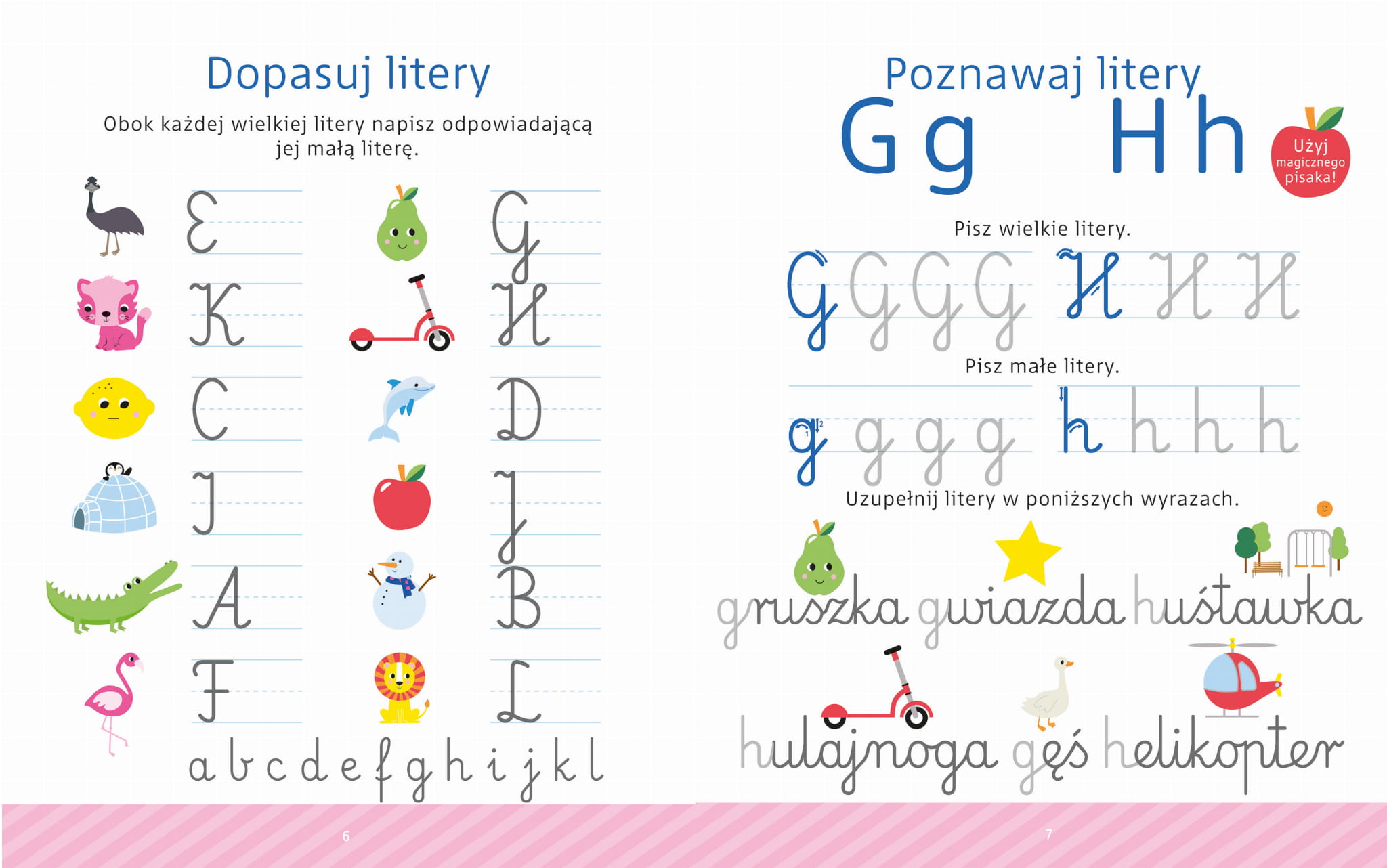 Wnetrze-ksiazki-Maly-geniusz.-Wesole-literki-przedstawiajace-zadania-z-literkami-oraz-cwiczenie-pisania-literek-g-i-h.webp