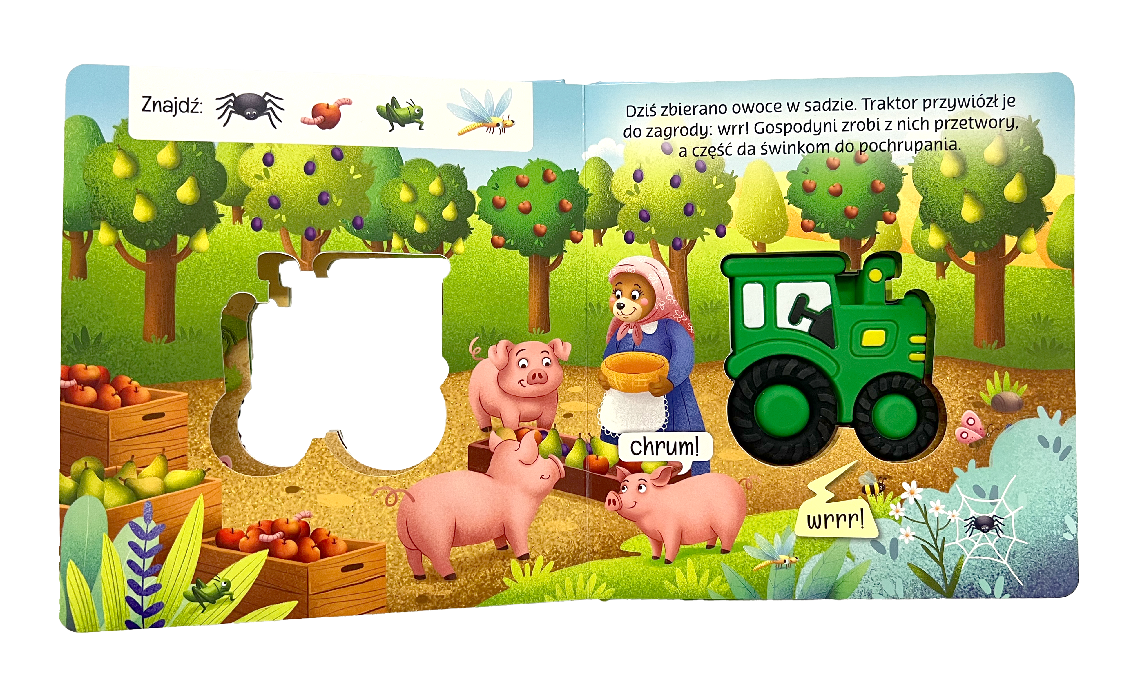 Wnetrze-dzwiekowej-ksiazeczki-Brum,-brum.-Traktor-przedstawiajaca-silikonowy-traktor---panel-dzwiekowy---wraz-ze-swinkami-i-pania-gospodynia..webp