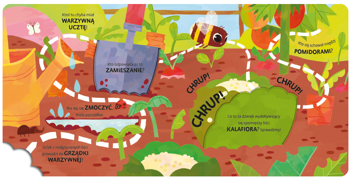 Wnetrze-ksiazki-sensorycznej-Na-tropie-przyrody.-Pszczolka-odkrywa-ogrod-ukazujace-pszczolke-nad-grzadka.webp