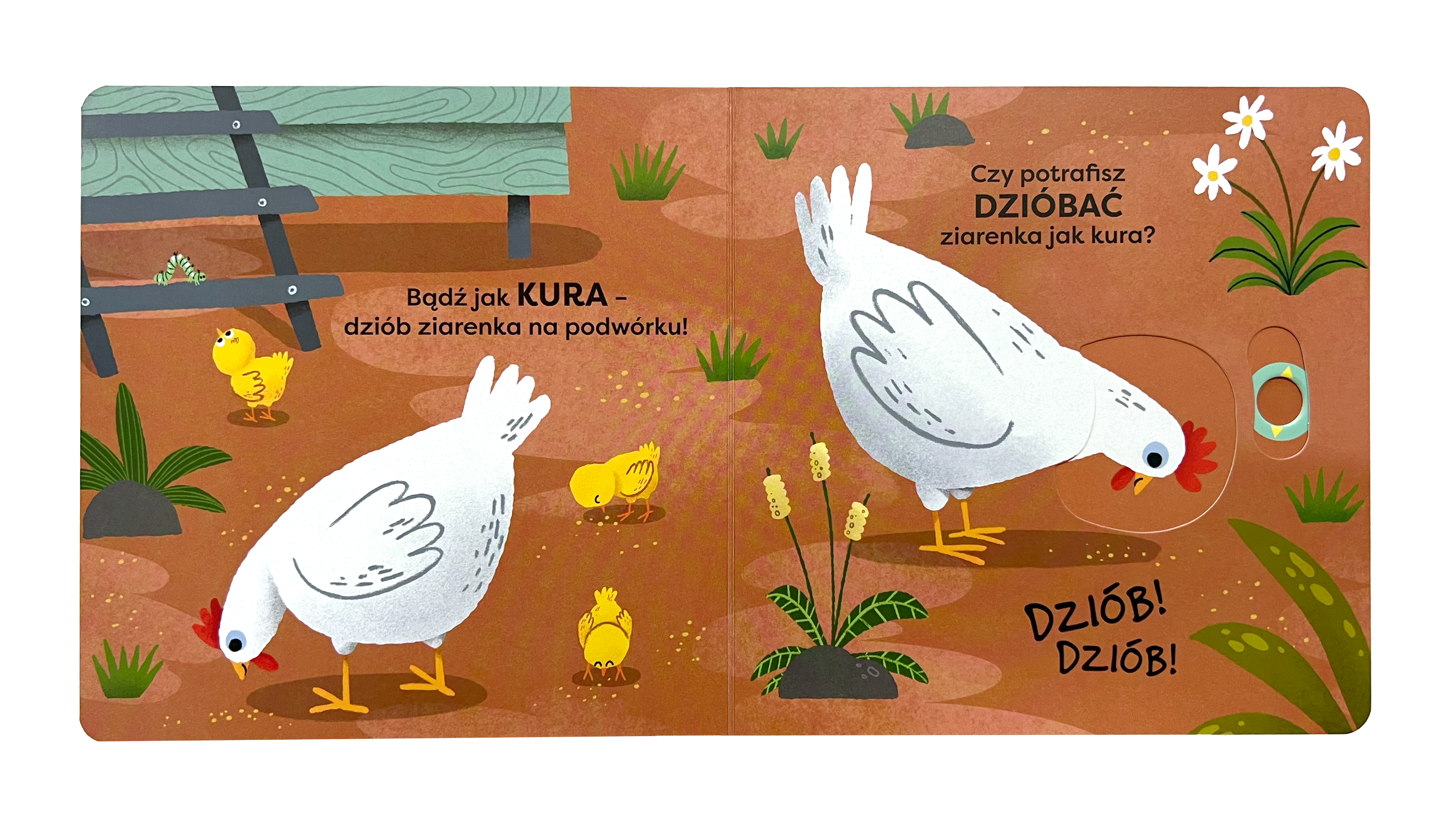 Wnetrze-ksiazeczki-z-ruchomymi-elementami-Zwierzaki-w-ruchu.-Badz-jak-kaczka-przedstawiajace-kury-dziobiace-ziarenka.-Ilustracja-zawiera-ruchomy-element.webp
